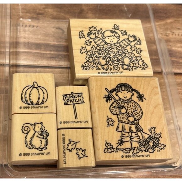 STAMPIN' UP! FALL FOR ALL Wood Rubber Stamp set of 6 LEAF SQUIRREL PUMPKIN PATCH - Picture 1 of 5